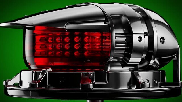 close-up of a black LED warning light with red light on green background