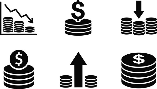 Minimalist financial analytics icon set featuring dollar coin stacks descending arrows profit charts and monetary growth indicators for fintech UI UX interface design projects