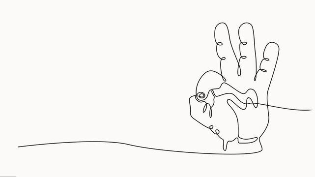 Self drawing line animation hand showing OK gesture continuous line concept, Good service excellence in business sector sign concept. Continuous line self drawing animated. Full-length motion.