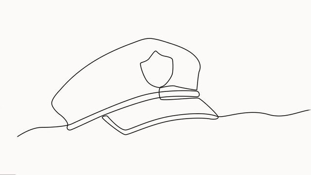 Continuous one line drawing of police cap. Self drawing line animation of police cap continuous one single line drawn concept video, Line Art Illustration of a Police Cap on a white background.