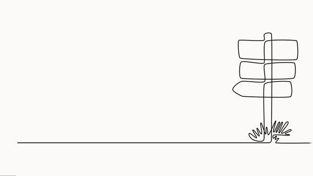 Self drawing line animation road Signpost continuous one single line drawn concept video, road direction sign arrows isolated on white background. Full-length one-line animation.