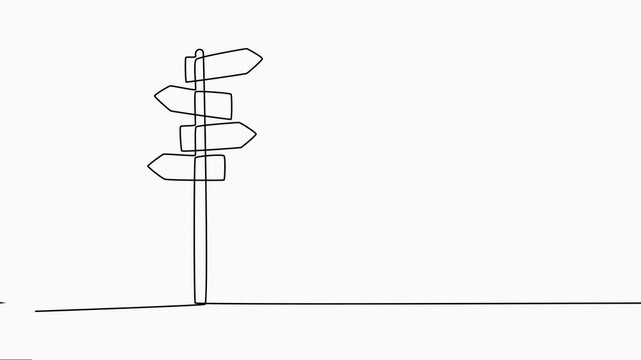 Self drawing line animation road Signpost continuous one single line drawn concept video, road direction sign arrows isolated on white background. Full-length one-line animation.