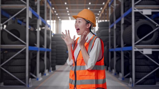 Side View Of Asian Female Engineer With Safety Helmet Smiling To Camera And Saying Wow While Standing at Tire Warehouse Interior with Industrial Shelving Racks