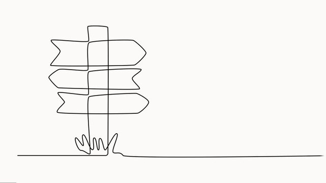 Self drawing line animation road Signpost continuous one single line drawn concept video, road direction sign arrows isolated on white background. Full-length one-line animation.