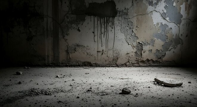 A dimly lit, dilapidated room with peeling walls and debris scattered on the floor