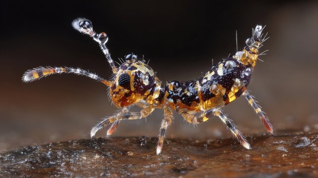 Highly detailed macro photograph of a translucent segmented springtail insect with glistening water droplets on its body