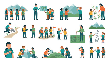 Fototapeta premium Flat Vector Illustration Set: Children Learning, Exploring Nature Outdoor Education Adventures