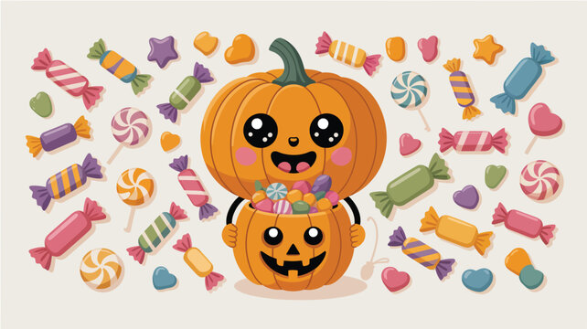 Cute happy pumpkins surrounded by many colorful candies and lollipops for Halloween celebration