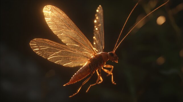 Intricate Earwig Wing Structure Illuminated in Golden Sunlight, Showcasing Delicate Detail and Natural Beauty