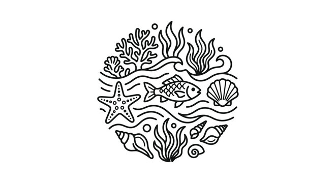 Circular sea life arrangement with fish shells and starfish.