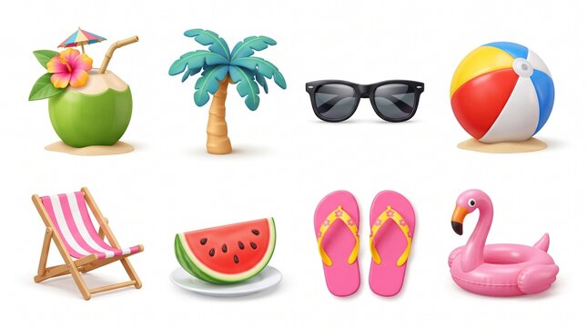 Set of summer vacation icons isolated on white background