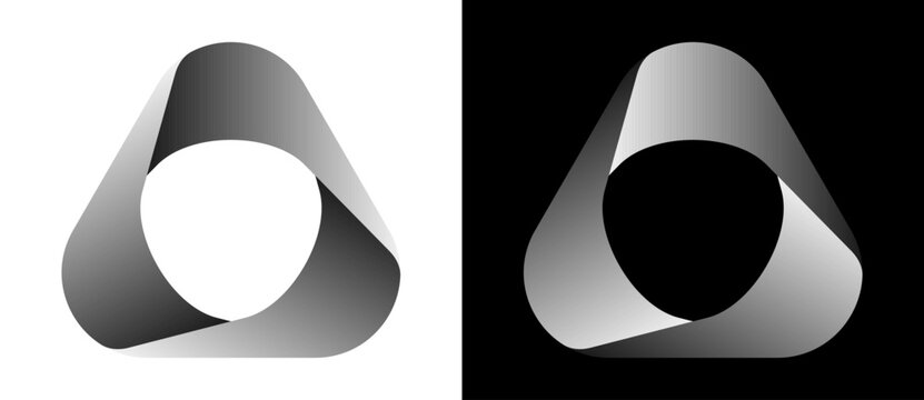 Rounded triangular ribbon logo icon with impossible geometry and grayscale gradient, forming a Mobius-style interlocking loop symbol on white and black background variants.