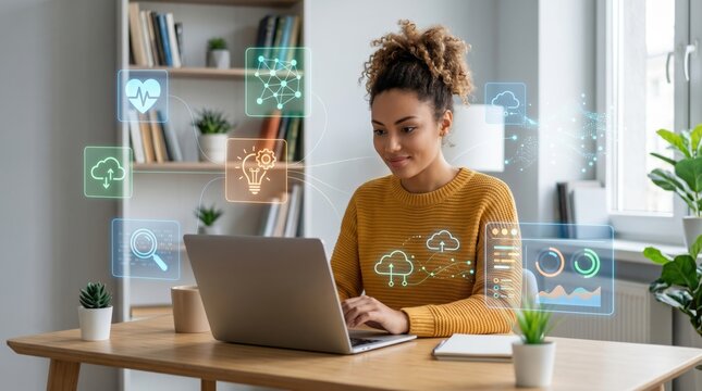 Woman working on laptop with floating holographic icons representing cloud computing and digital innovation in home office