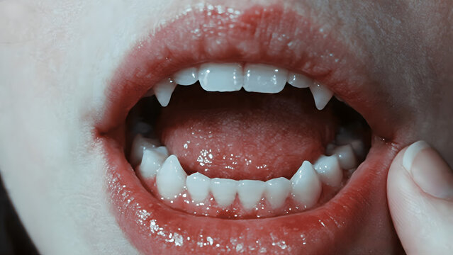A close-up macro shot of an open mouth revealing a set of sharp, pointed vampire fangs and teeth with pale skin and red lipstick.