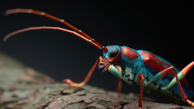 Intricate Macro View of a Vibrant Beetle's Antennae and Leg Joints, Revealing Complex Arthropod Articulation