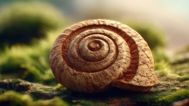 Intricate spiral snail shell with detailed texture, a miniature natural wonder on a mossy forest floor