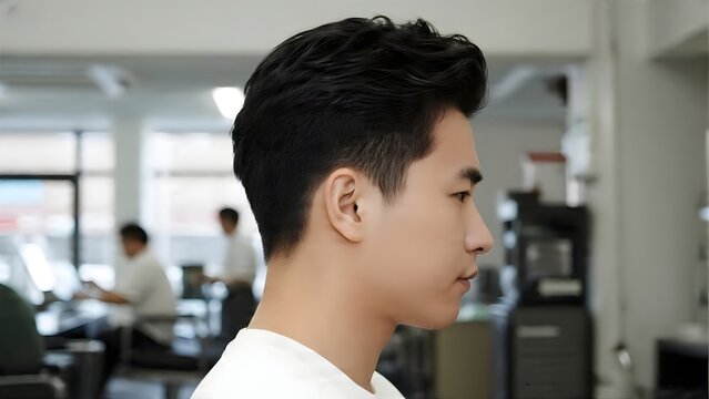 A side profile shot focusing on a young Asian man's neatly styled, wavy black hair with an undercut in a modern barbershop setting