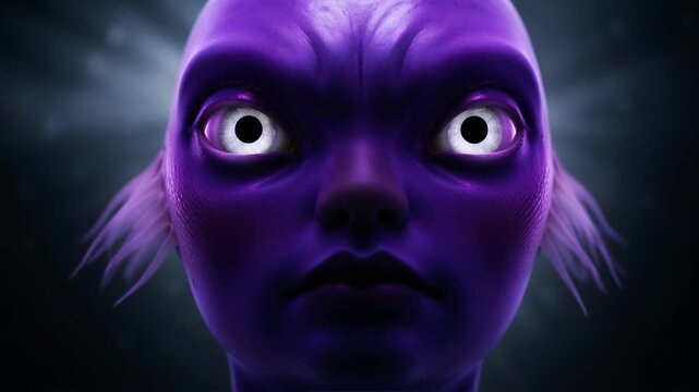 Close Up Portrait of a Mysterious Purple Extraterrestrial Being with Glowing White Intense Eyes
