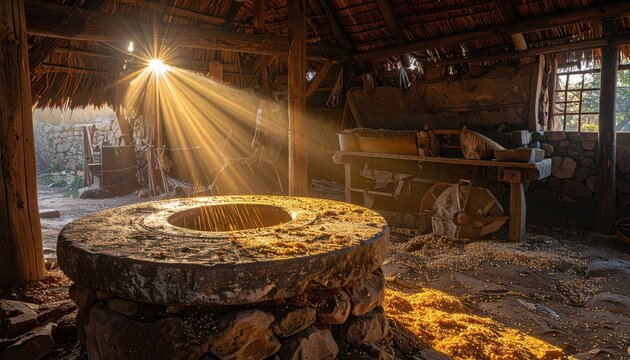 Ancient Stone Mill Interior with Sun Rays Shining Through, Rustic Thatch Roof Building, Traditional Grain Grinding Machinery, Golden Hour Light, Rural Agricultural Heritage Scene