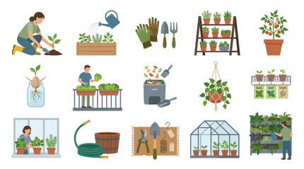 Fototapeta premium Flat Design Illustration of Gardening Activities and Tools