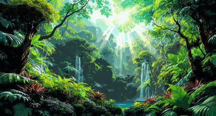 Vibrant jungle landscape with multiple cascading waterfalls, lush green foliage, and bright sunlight streaming through the dense canopy, creating a serene and natural environment. © megulung