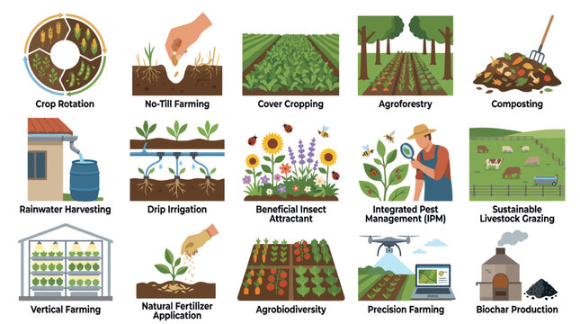 Sustainable Agriculture Farming Practices Flat Icons Set: Eco-Friendly, Modern  Organic Methods Vector Illustration