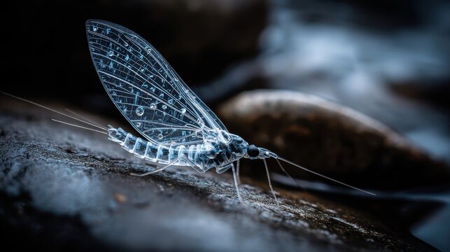 Remarkable Macro View of a Mayfly's Transparent Abdomen and Intricate Wings Resting on a Damp Stone
