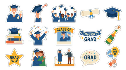 Fototapeta premium Education Graduation Flat Vector Sticker Set. Happy Graduates, Academic Caps, Diplomas, Books, Champagne Celebration