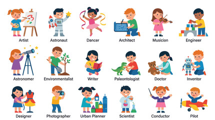 Fototapeta premium Kids Future Professions Flat Vector Illustration Set for Education and Career Exploration