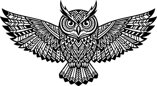 Ornate Tribal Owl Illustration with Spread Wings in Geometric Style