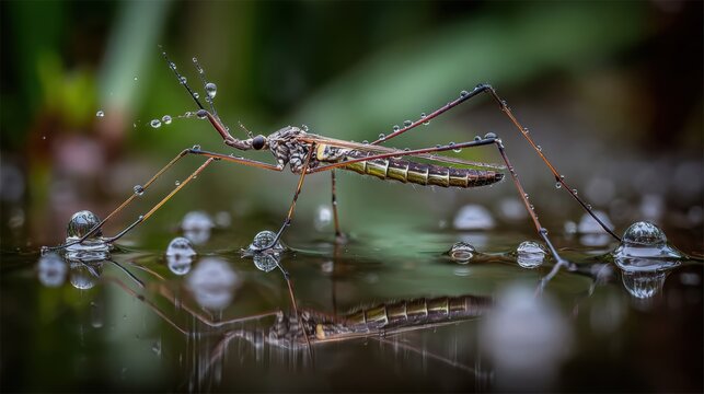 Tiny water strider with dew drops elegantly gliding across a reflective pond surface