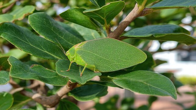 Vivid green katydid perfectly camouflaged on lush foliage, showcasing remarkable insect mimicry.