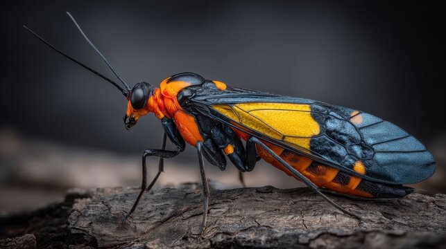 Vivid Scorpionfly with Striking Orange and Yellow Wings Perched on Wood