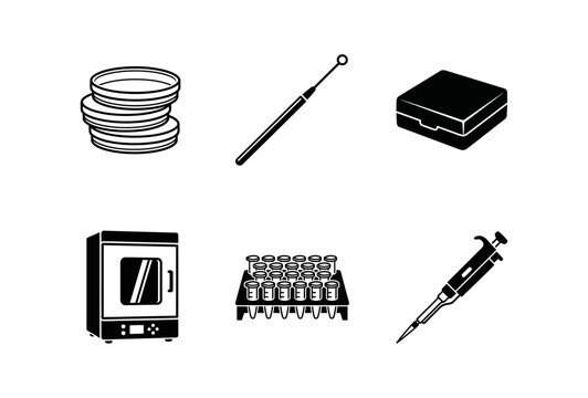 Set of laboratory equipment icons including petri dishes, inoculation loop, incubator, test tubes, and micropipette for scientific research