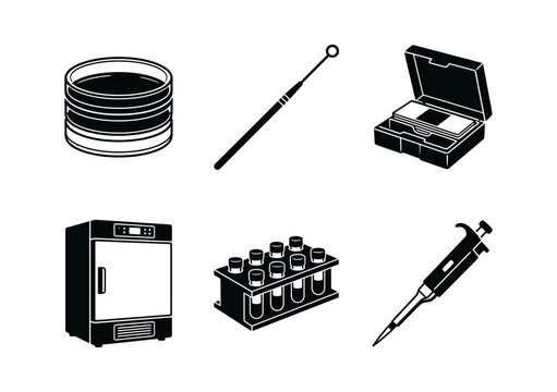 Set of laboratory equipment icons including petri dish, inoculating loop, storage box, incubator, test tube rack and micropipette for scientific research