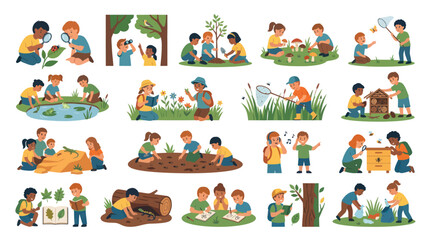 Naklejka premium Children Exploring Nature, Studying Insects and Plants - Flat Style Vector Art