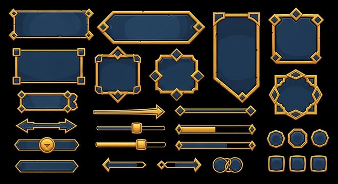 Fantasy RPG Game UI Kit with Gold Frames and Blue Panels