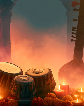 Indian Classical Music Tabla Drums With Candles Marigolds and Warm Stage Light