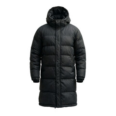 Puffer jacket clothing fashion display of a black winter coat presented as a cut out on a transparent background © svetograph