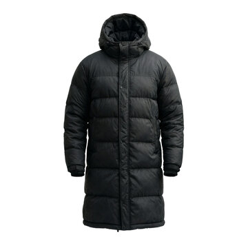 Puffer jacket clothing fashion display of a black winter coat presented as a cut out on a transparent background