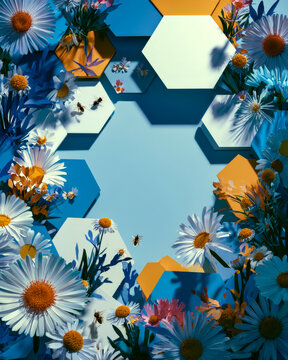 Blue Floral Hexagon Frame Background with Daisies and Copy Space