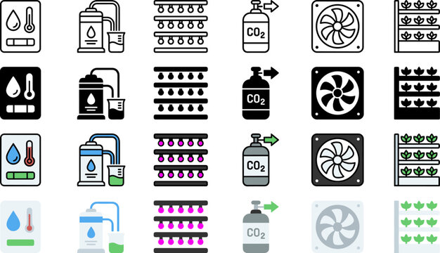Hydroponics Icons for Indoor Farming Equipment and Climate Control