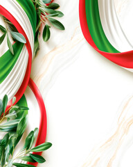 Italy Republic Day Tricolor Ribbon Background With Olive Branches and Marble Copy Space