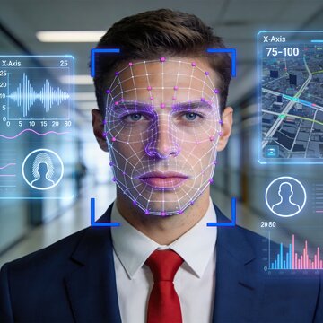 Close up portrait of man undergoing facial recognition biometric security scanning system, artificial intelligence identity verification technology