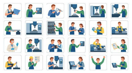 Fototapeta premium Industrial Machining Workers and Equipment: Flat Vector Icons