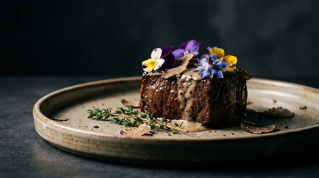 Smoked eart with ginger on a  plate with edible flowers