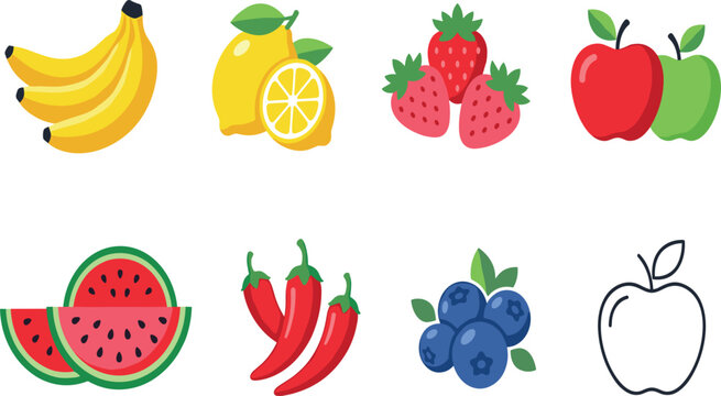 Flat design organic fresh fruit and chili pepper vector icon bundle pack for design project