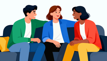 Obraz premium Three friends chat warmly on a couch
