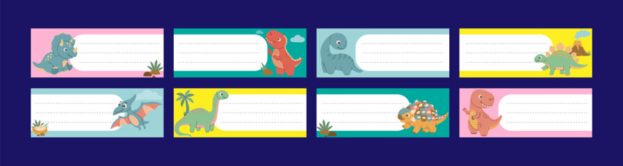 Vector collection of eight horizontal school name tags featuring cute cartoon dinosaurs, prehistoric landscapes, volcanoes, and palm trees on a dark blue backdrop. Vector illustration © Elena