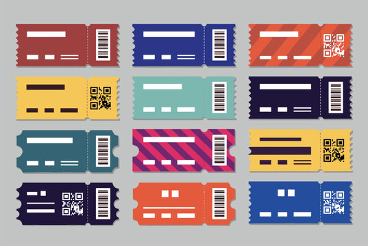 Collection of colorful event and transportation tickets featuring unique barcodes and QR codes for digital scanning and entry.
